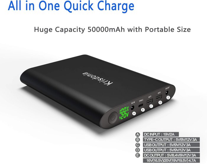 Krisdonia 50000mAh Laptop Power Bank with QC3.0 & Type-C Ports (image 2)